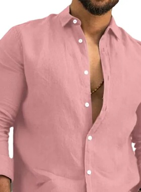 Solid Color Cotton Linen Plain Shirt Men Classic Button-up