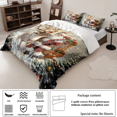 3pcs Santa Claus Printed Bedding Set, Soft and Coreless, Mu