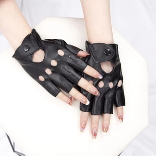 Black Punk Rivet Short PU Leather Half-Finger Gloves Women