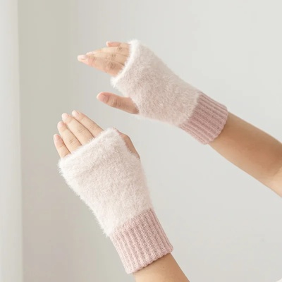 Mink Fleece Soft Winter Half Finger Gloves Women Warm Luxur