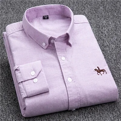 Casual Pure Cotton Oxford Mens Shirts Long Sleeve Embroider