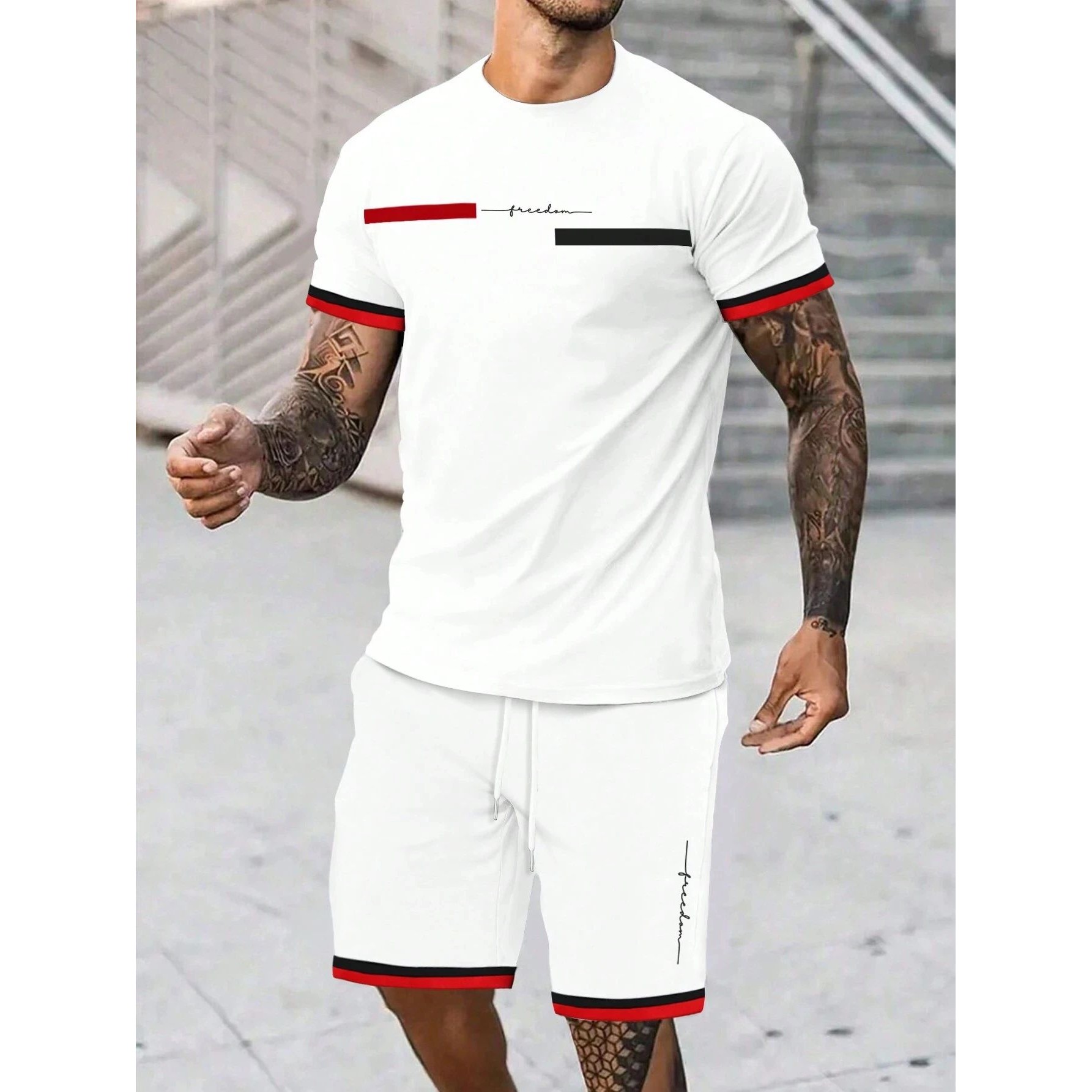 New Summer Men's Tracksuit Solid Color Stripe T-shirt Shorts