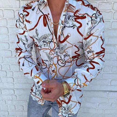 Fashion men's Lapel Button Up Shirt Casual Design Printed L