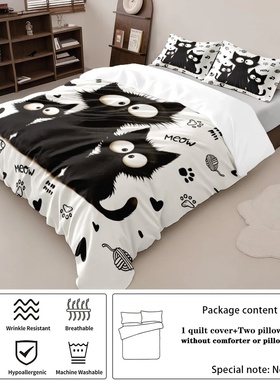 3pc Black Cat Printed Bedding Set with Coreless, Soft and C