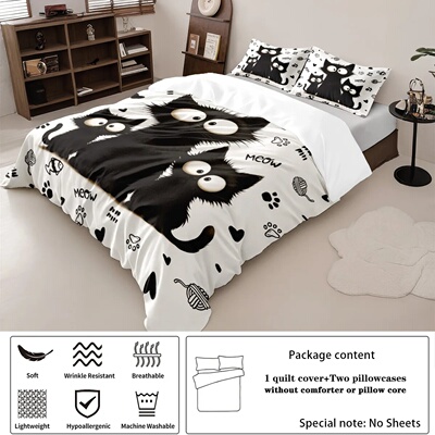 3pc Black Cat Printed Bedding Set with Coreless, Soft and C
