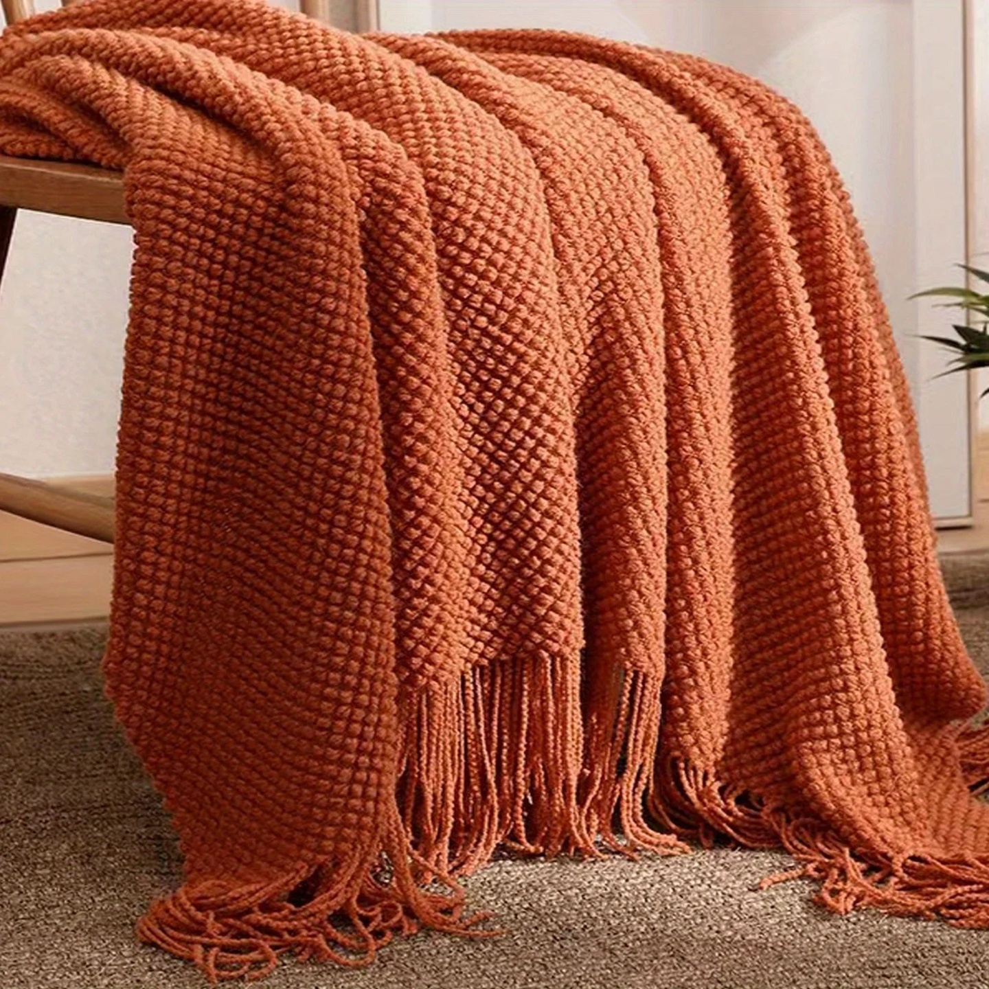 1pc Morandi Orange Tassel Knitted Blanket, Soft Warm Throw