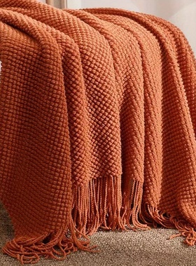 1pc Morandi Orange Tassel Knitted Blanket, Soft Warm Throw