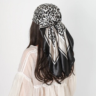 Leopard Print 90cm Square Silk Scarf Woman Satin Headband M