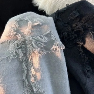 2025 Y2k Streetwear Sweater Men New Retro Hole Fringed Swea