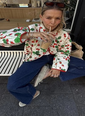 Women's Fashion Print Panelled Quilted Cotton Jacket Long S