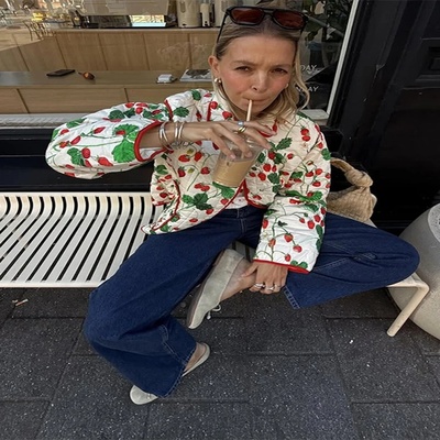 Women's Fashion Print Panelled Quilted Cotton Jacket Long S