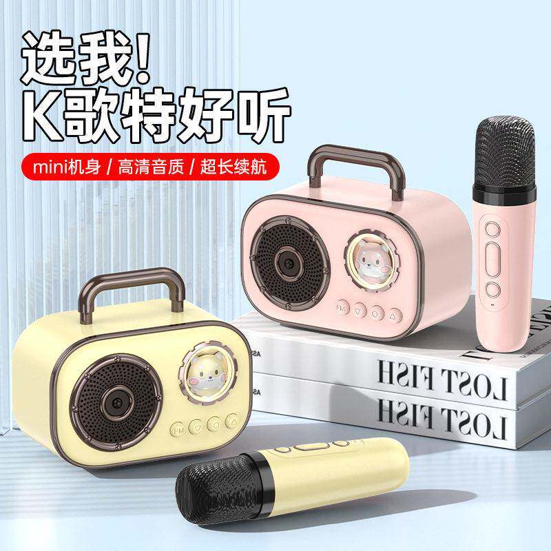 蓝牙音箱插卡式带双麦一体式K歌家庭户外迷你便携式音效跨境