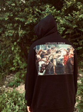 加大码456XL外套油画卫衣复古国潮黑色连帽加大码嘻哈男女款卫衣