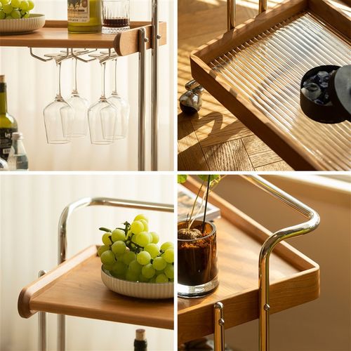 沐林/集物中古小推车实木边几客厅茶几沙发移动推车樱桃木置物架