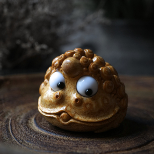 黄淼伟精品满钉活眼呆萌金蟾竹根雕刻手把件招财老料茶宠文玩摆件