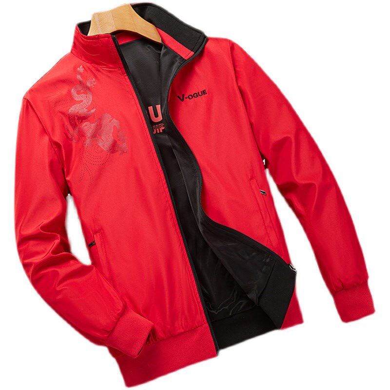 春秋季夹克男薄款立领防风双面穿休闲外套红色龙年本命年大码外套