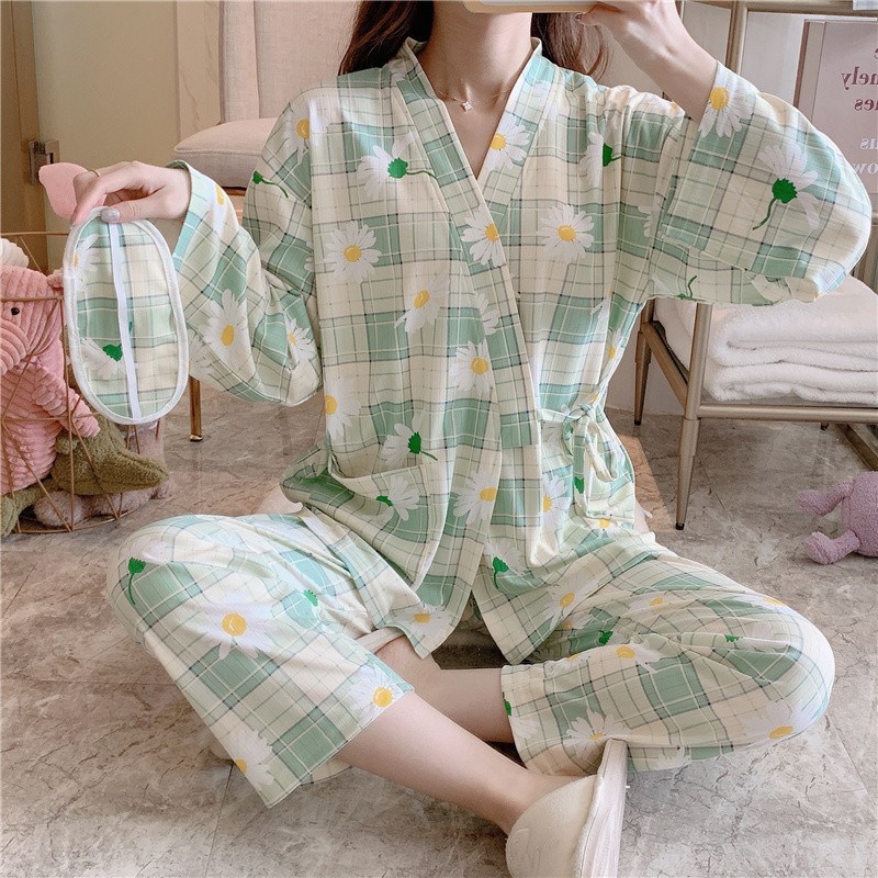 睡衣女春秋季系绳两件套装V领开衫女棕色熊和服宽松送眼罩家居服