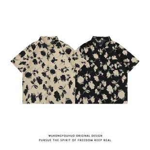 悟空有货港风复古花卉满印vintage短袖 男女宽松百搭情侣衬衣 衬衫