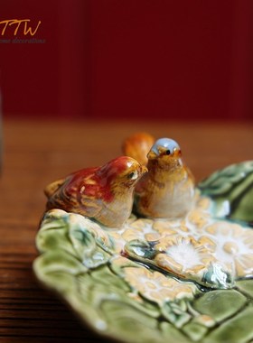 欧式陶瓷家居饰品绿色荷叶小鸟陶瓷釉面装饰盘子瓜子碟果盘摆件