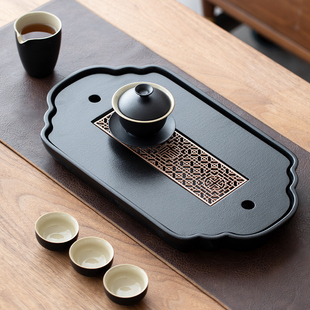 家用乌金石头储排两用型茶盘干泡盘茶台轻奢沥水排水陶瓷茶具托盘