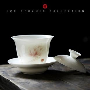 羊脂玉瓷插画三才盖碗单个家用泡茶碗小号一人用茶具女生用试茶碗