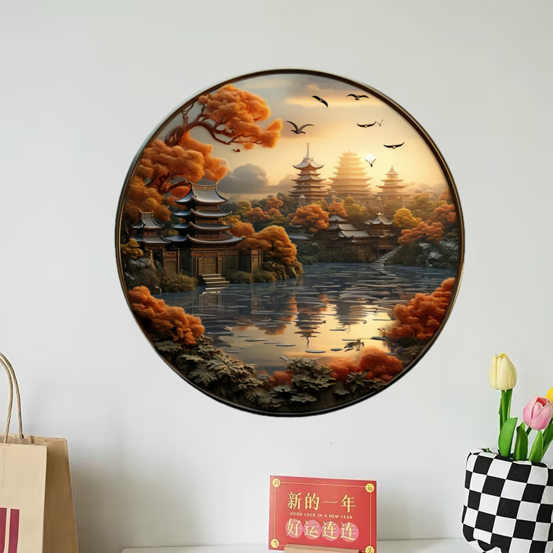 新中式山水风景墙贴画圆形自粘墙贴画客厅卧室房间装饰贴画遮丑图片