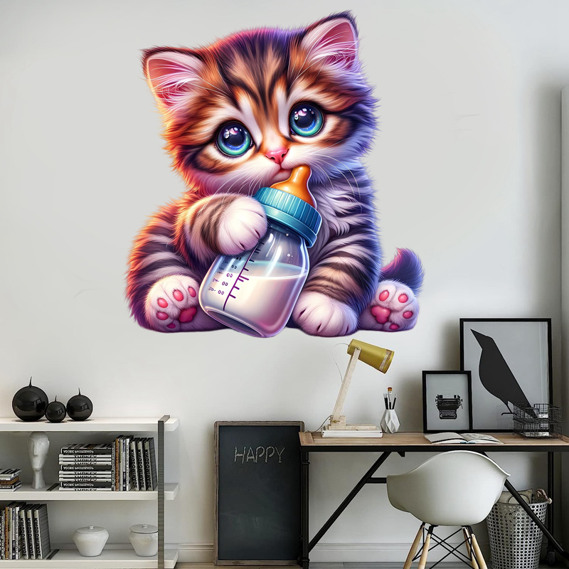 可爱小猫喝奶瓶墙贴卧室客厅房间自粘墙贴画防水装饰贴画遮丑补洞图片