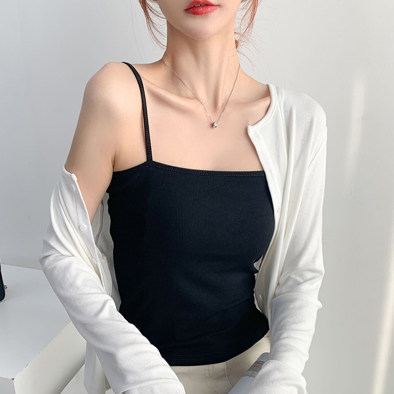 黑色一字领小吊带背心女2025夏季新款短款西装内搭修身纯棉打底衫