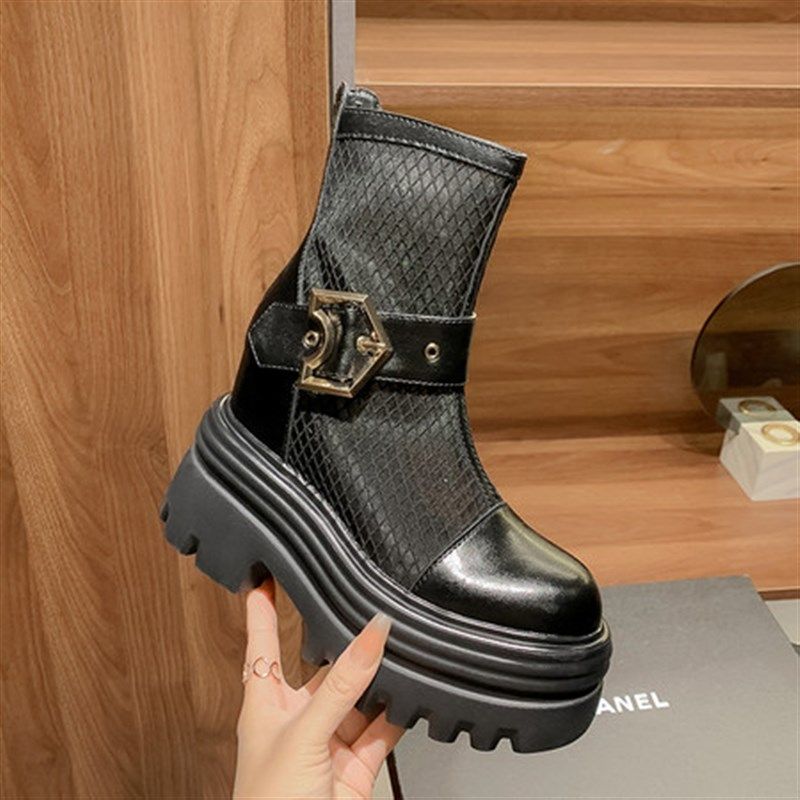 真皮内增高小众显瘦短靴皮带扣镂空透气网靴女小个子松糕厚底凉靴,女鞋,松糕（摇摇）鞋,淘宝优惠券,粉丝福利购,淘宝优惠卷