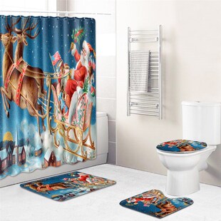 新款圣诞马桶垫浴帘四件套印花地垫套装浴室脚垫卧室吸水门垫地毯