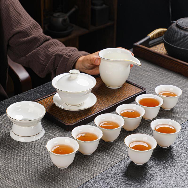 问谦堂 潮汕盖碗功夫茶具茶杯套装家用办公室会客羊脂白瓷礼盒装