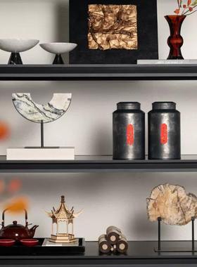 新中式禅意风化石圆形书柜摆件茶室茶柜博古架样板间书房软装饰品