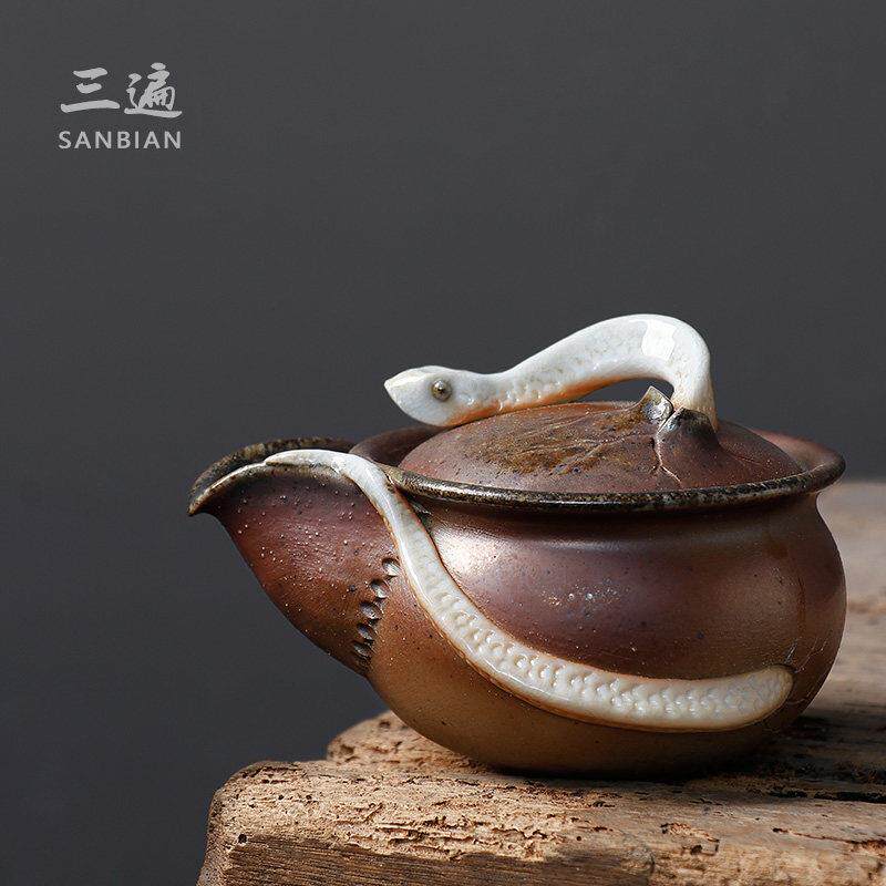翁村纯柴火宝瓶壶白蛇手壶单壶覆古防烫盖碗纯手工粗陶茶壶