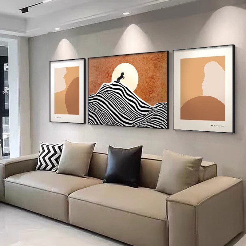 现代轻奢福鹿客厅装饰画三联组合沙发背景墙挂画简约抽象线条壁画图片
