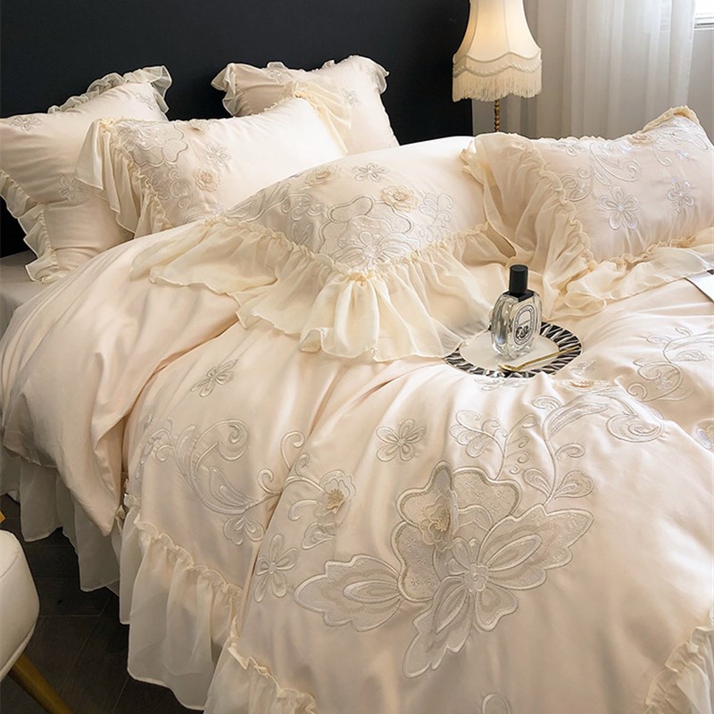 法式风0支全棉四件立体花卉蕾丝刺绣床裙床单款被床上用品