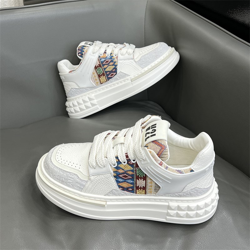 男鞋2025春季新款真皮透气小白鞋刺绣布面板鞋厚底增高运动休闲鞋