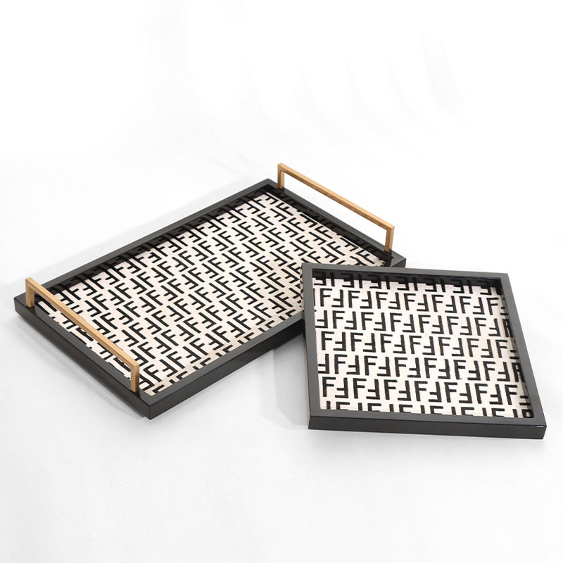 创意现代黑色字母纹钢琴烤漆桌面收纳托盘样板间家居高级感摆件