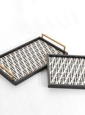 创意现代黑色字母纹钢琴烤漆桌面收纳托盘样板间家居高级感摆件