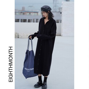 EM八月 黑色针织连衣裙女秋y季新款长裙法式气质高级感裙子显瘦