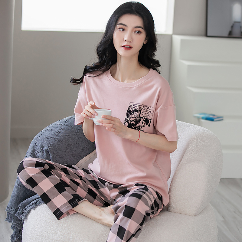 100%全棉短袖长裤睡衣女夏学生可外穿韩版休闲格子运动圆领家居服