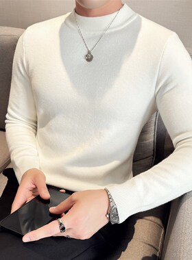 白色毛衣男半高领冬季加绒加厚A保暖针织衫修身中领打底一体绒毛