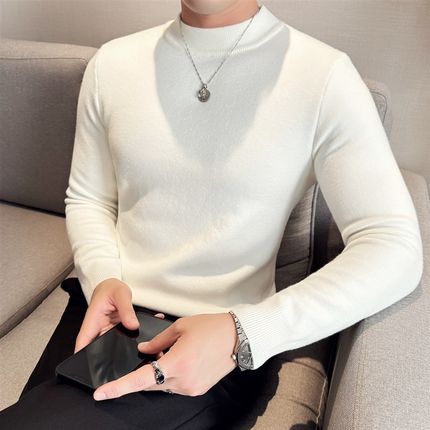 白色毛衣男半高领冬季加绒加厚A保暖针织衫修身中领打底一体绒毛