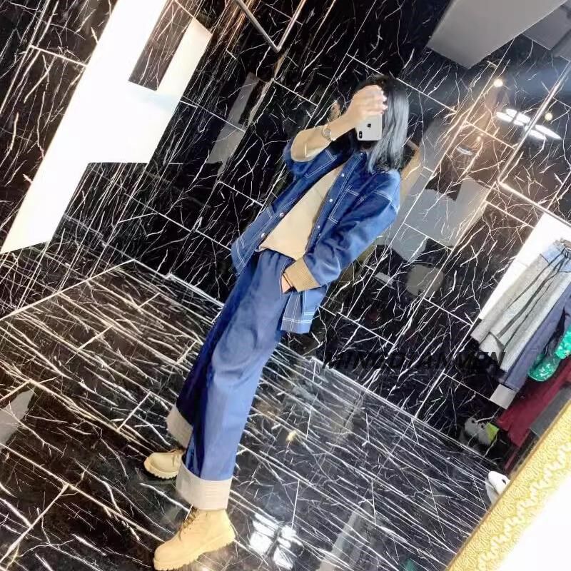 韩版牛仔拼格纹腰带上衣外套阔腿裤 两件套 N设计感休闲女春秋套