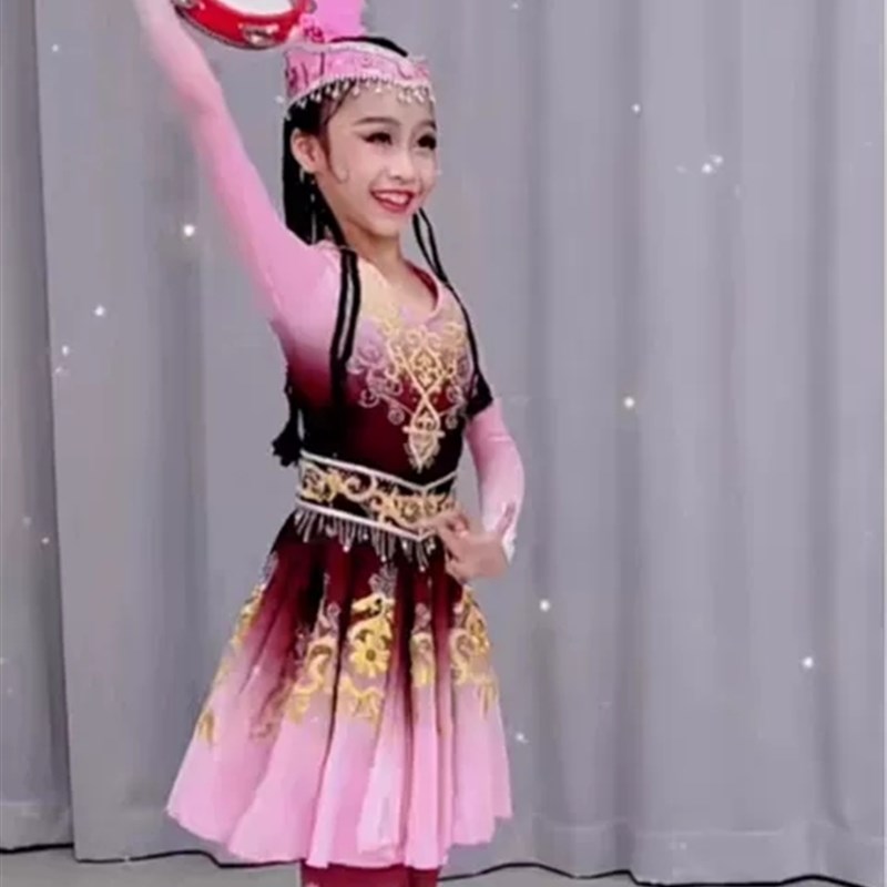 儿童花一样的姑娘舞蹈服装女童新疆舞演出服幼儿维吾尔族表演服
