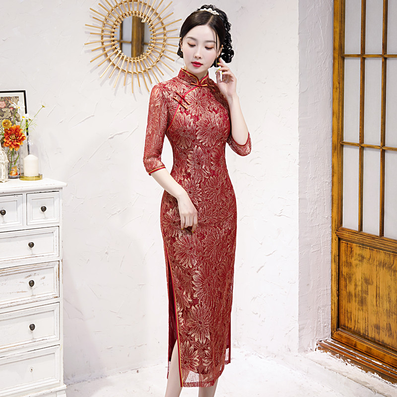 改良蕾丝旗袍连衣裙2025年春秋季女中国风妈妈装礼服X裙中长款女
