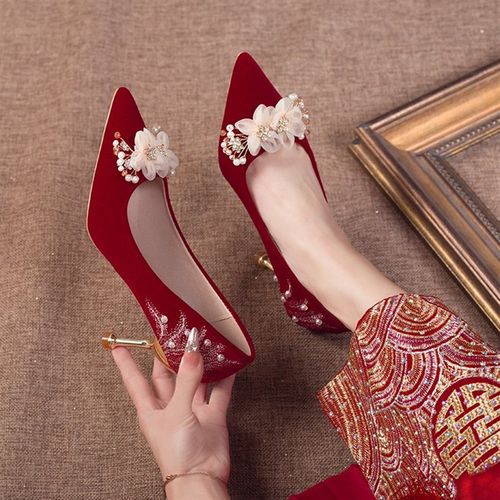细跟婚鞋孕妇新娘鞋女禾秀主婚纱两穿不累脚浅口酒红色高跟鞋单鞋