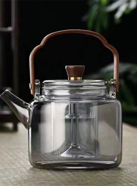 泡茶壶玻璃烟灰色电陶炉耐高温A蒸煮茶壶茶具套装高颜值木把提梁