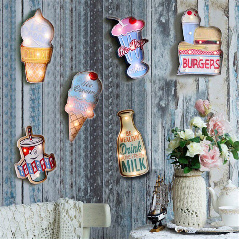 美式复古铁艺遥控LED灯酒吧网咖餐厅儿童房奶茶店墙面铁皮画装饰