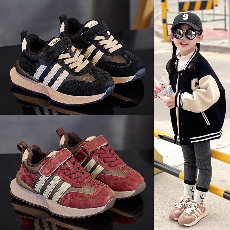 女童运动鞋2024秋冬新款男童魔术贴休闲鞋儿童真皮加绒二棉德训鞋