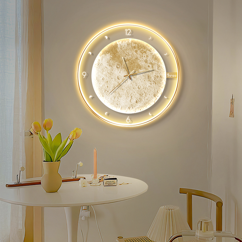 餐厅装饰画玄关i创意带钟表画客厅网红月球挂画卧室床头氛围壁灯